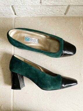 Arnold Churgin Green Suede and Black Patent Cap Toe Block Heel Pumps Sz 8.5